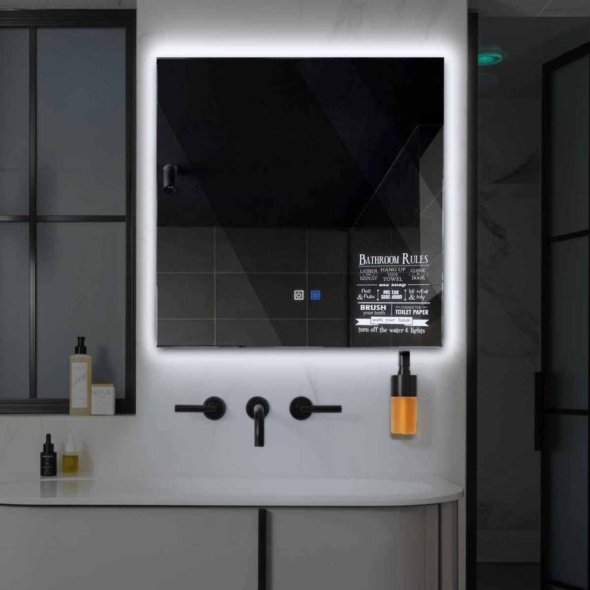 Square LED Mirror | Touch Buttons | Anti-Fog Function | Cool White Light - Reyze Motivated Series Model 5