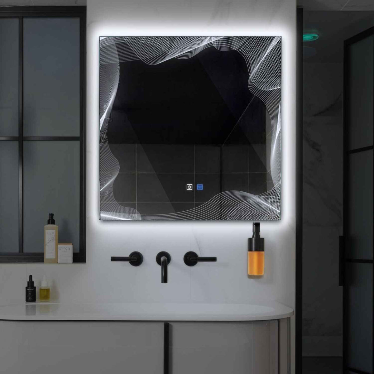 Square LED Mirror | Touch Buttons | Anti-Fog Function | Cool White Light - Reyze Simetria Series Model 3