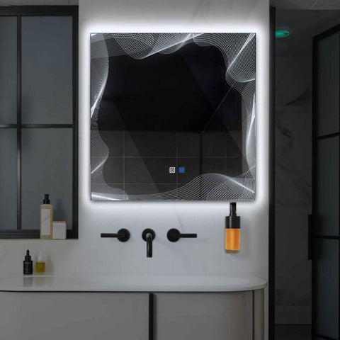 Square LED Mirror | Touch Buttons | Anti-Fog Function | Cool White Light - Reyze Simetria Series Model 3