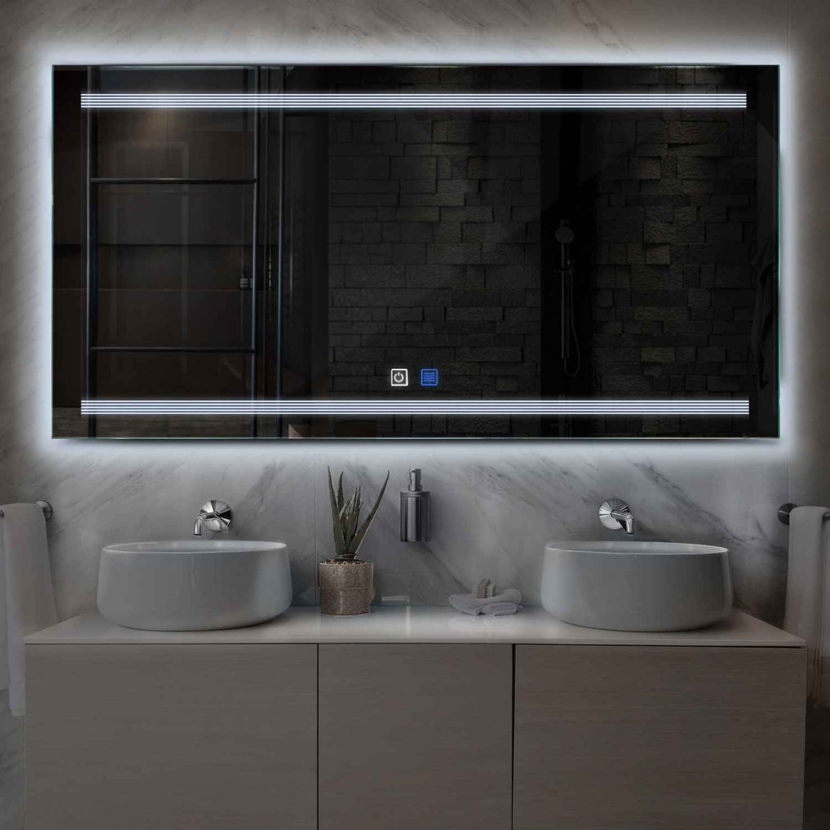 Horizontal LED Mirror | Touch Buttons | Anti-Fog Function | Cool White Light - Reyze Minimal Series Model 8