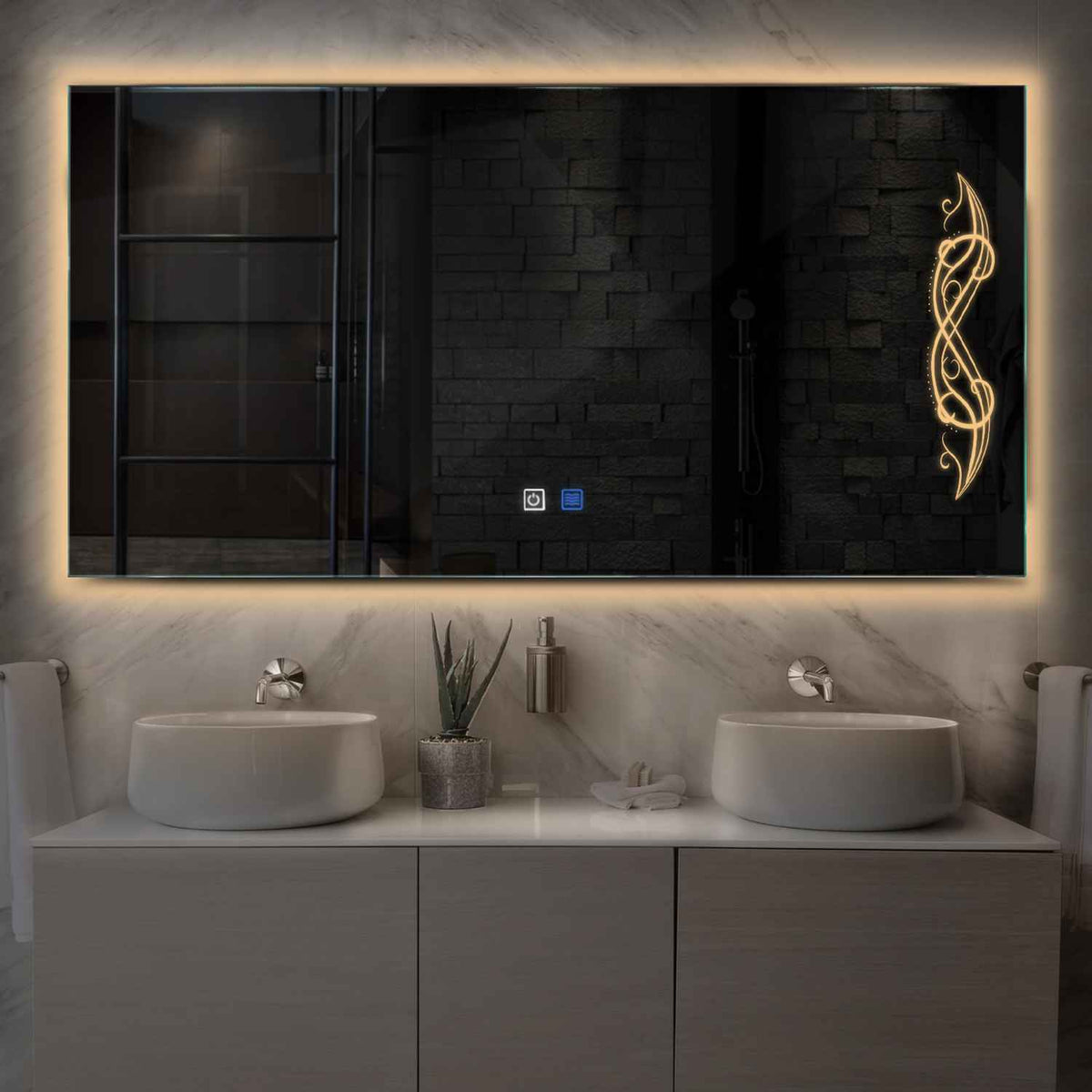 Horizontal LED Mirror | Touch Buttons | Anti-Fog Function | Warm White Light - Reyze Good Vibes Series Model 6