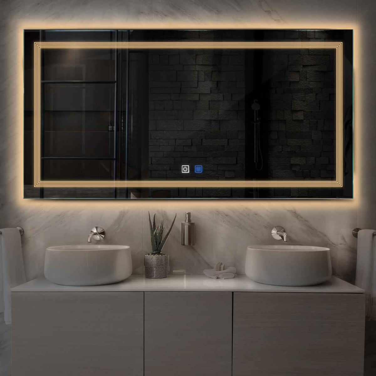 Horizontal LED Mirror | Touch Buttons | Anti-Fog Function | Warm White Light - Reyze Minimal Series Model 1