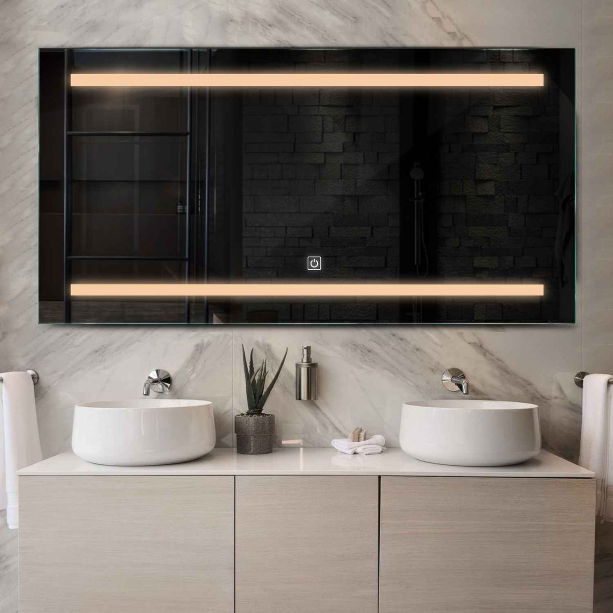 Horizontal LED Mirror | Touch Button | Warm White Light - Reyze Salono Series Model 4