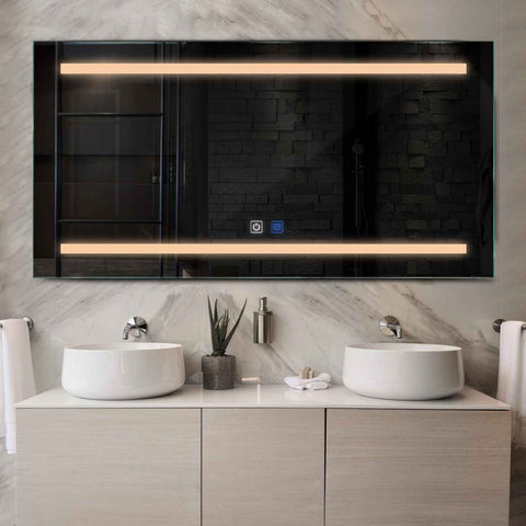 Horizontal LED Mirror | Touch Buttons | Anti-Fog Function | Warm White Light - Reyze Salono Series Model 4