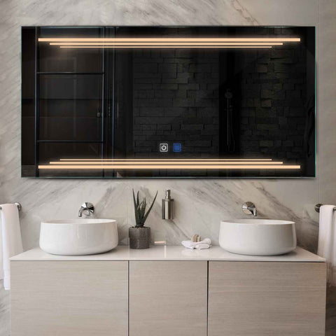 Horizontal LED Mirror | Touch Buttons | Anti-Fog Function | Warm White Light - Reyze Salono Series Model 7
