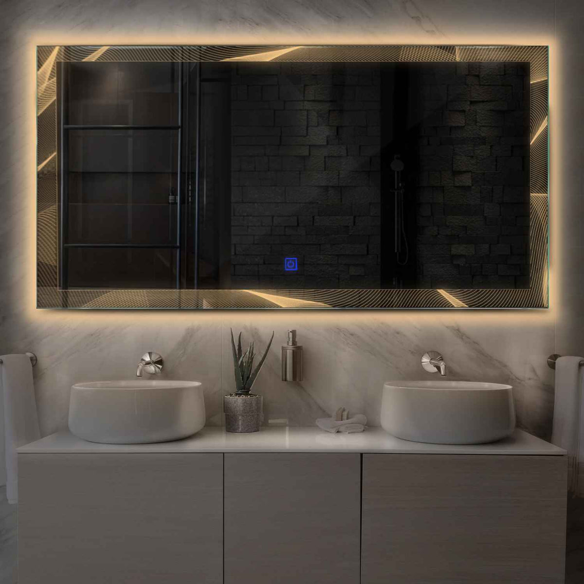 Horizontal LED Mirror | Touch Button | Warm White Light - Reyze Simetria Series Model 2