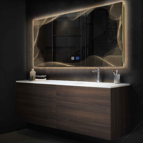 Horizontal LED Mirror | Touch Buttons | Anti-Fog Function | Warm White Light - Reyze Simetria Series Model 3