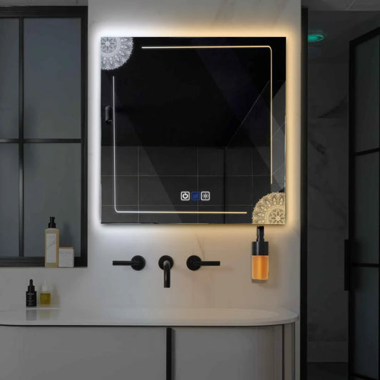 Square LED Mirror | Touch Buttons | Anti-Fog Function | Adjustable Color Temperature - Reyze Good Vibes Series Model 7