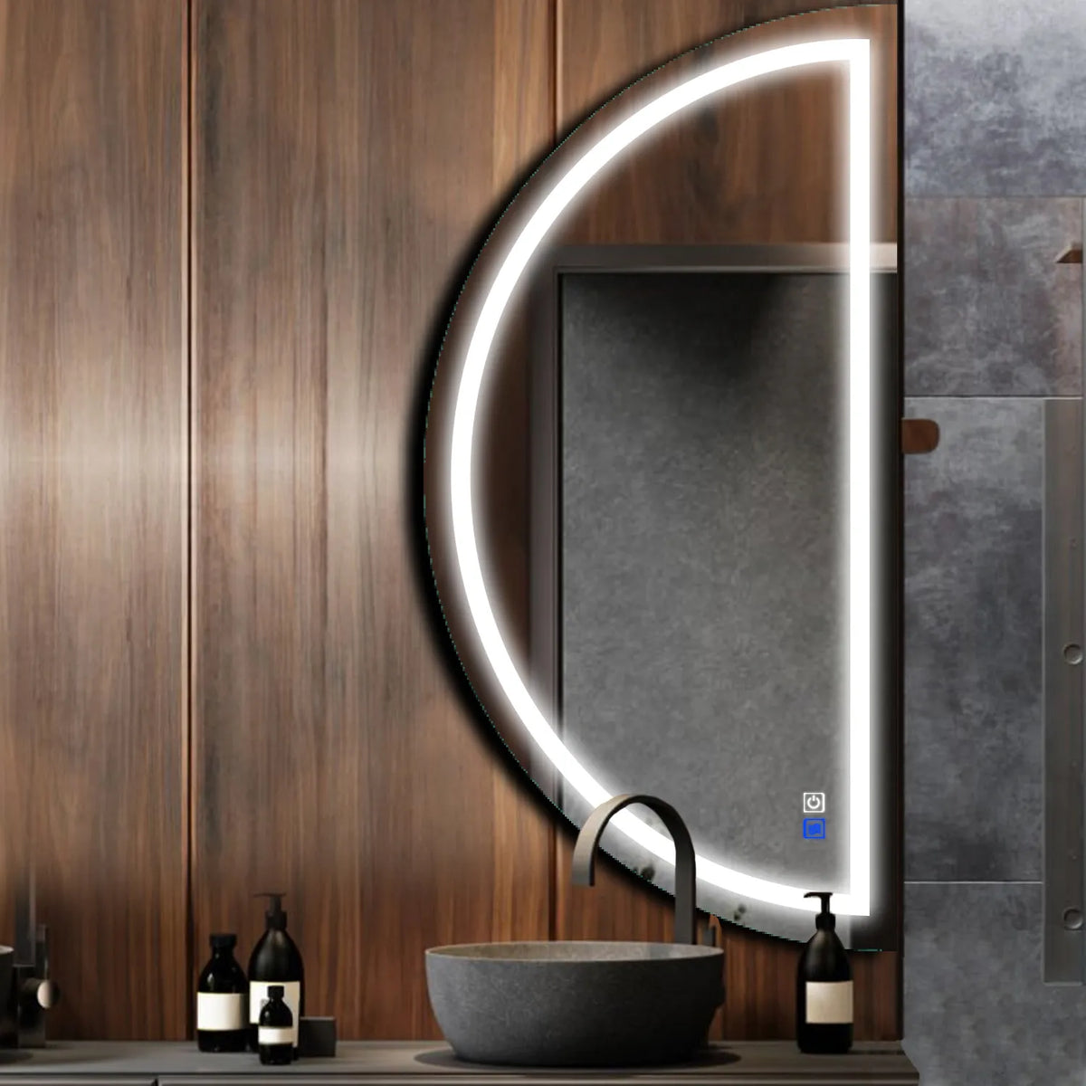 Crescent Moon LED Mirror | Touch Buttons | Anti-Fog Function | Cool White Light - Reyze Salono Series Model 1 - Right Side