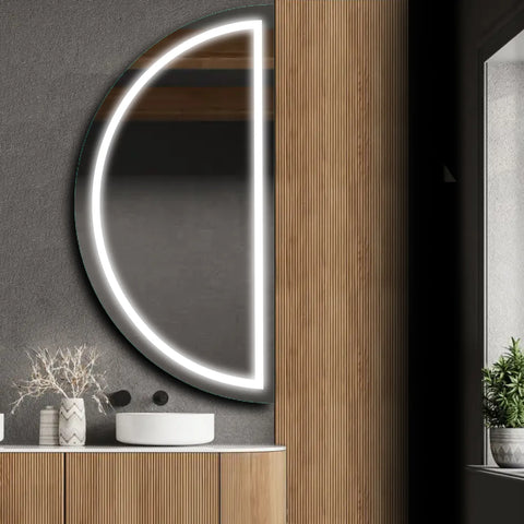 Crescent Moon LED Mirror | Wall Switch Control | Cool White Light - Reyze Salono Series Model 1 - Right Side
