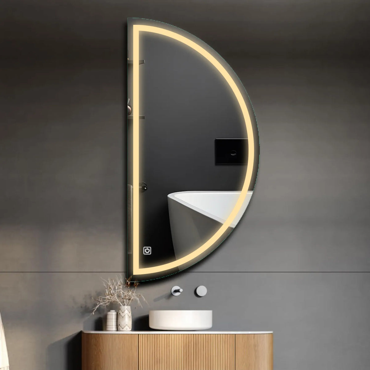 Crescent Moon LED Mirror | Touch Button | Warm White Light - Reyze Salono Series Model 1 - Left Side