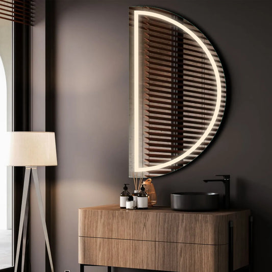 Crescent Moon LED Mirror | Wall Switch Control | Neutral White Light - Reyze Salono Series Model 1 - Left Side
