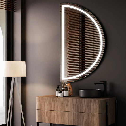 Crescent Moon LED Mirror | Wall Switch Control | Cool White Light - Reyze Salono Series Model 1 - Left Side