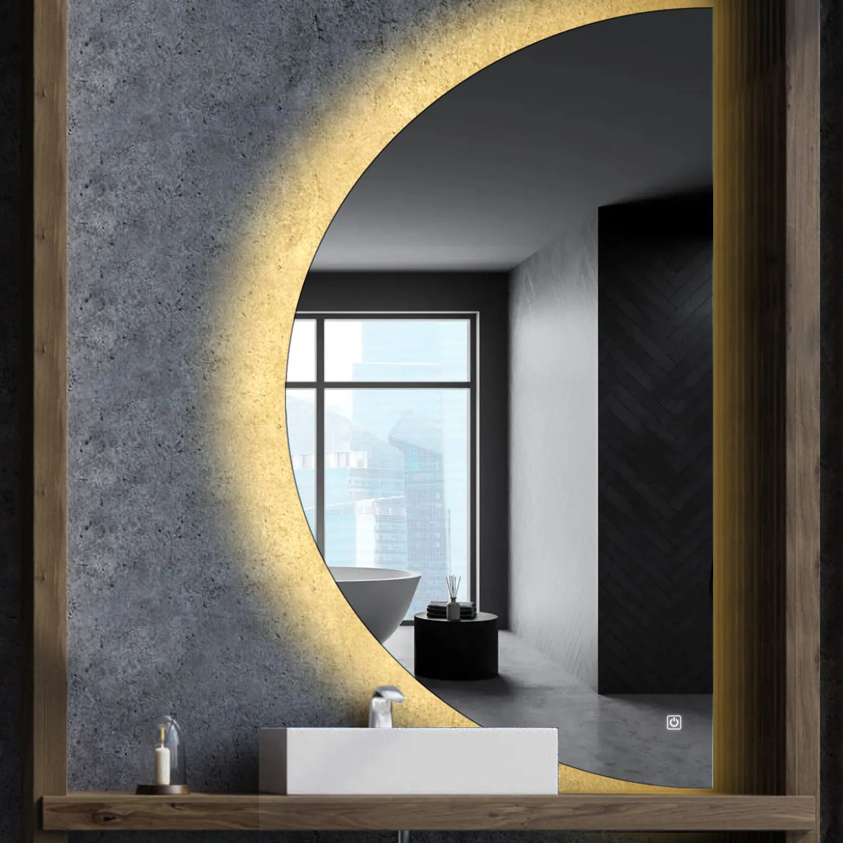 Crescent Moon LED Mirror | Touch Button | Warm White Light - Reyze Ambient Series Model 1 - Right Side