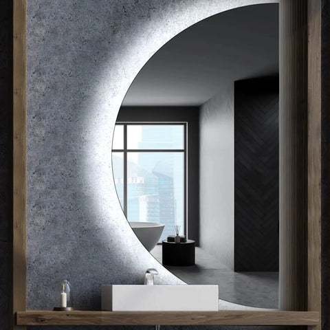 Crescent Moon LED Mirror | Wall Switch Control | Cool White Light - Reyze Ambient Series Model 1 - Right Side