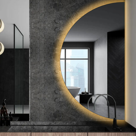 Crescent Moon LED Mirror | Wall Switch Control | Warm White Light - Reyze Ambient Series Model 1 - Right Side