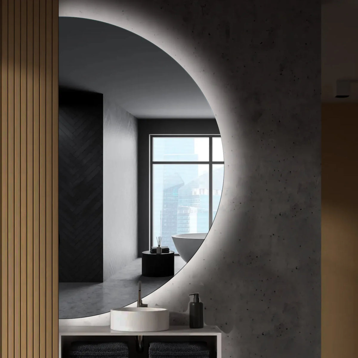 Crescent Moon LED Mirror | Wall Switch Control | Cool White Light - Reyze Ambient Series Model 1 - Left Side