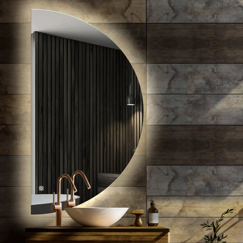 Crescent Moon LED Mirror | Touch Button | Neutral White Light - Reyze Ambient Series Model 1 - Left Side