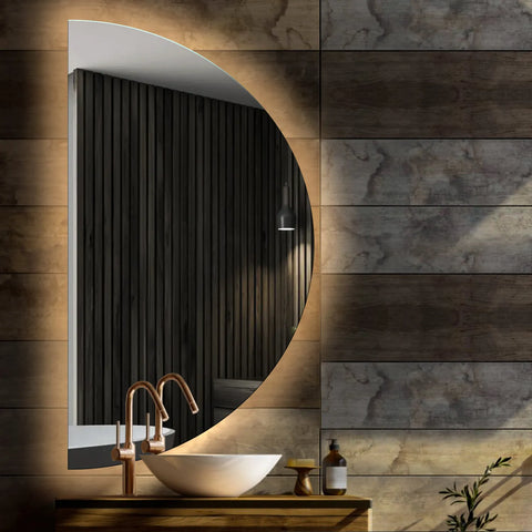 Crescent Moon LED Mirror | Wall Switch Control | Warm White Light - Reyze Ambient Series Model 1 - Left Side